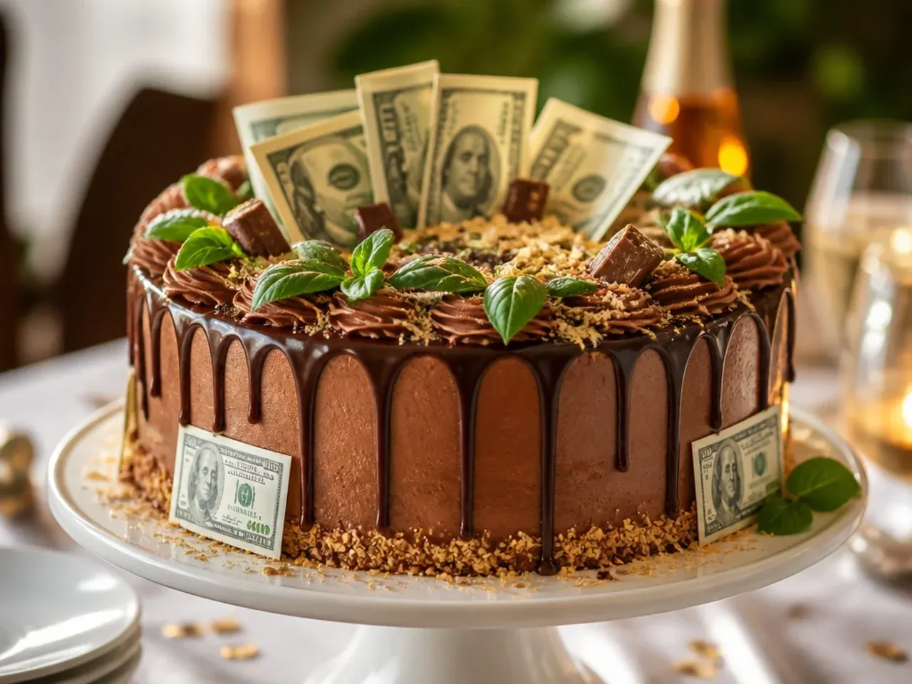 Chocolate drip cake with folded banknotes fanned across the top