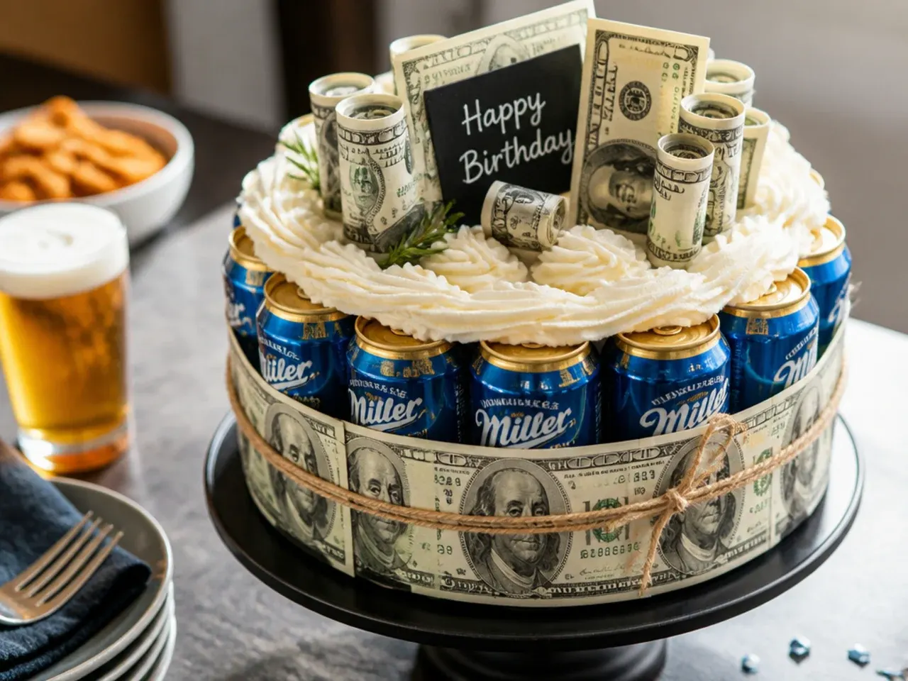 Sheet cake carved and iced to resemble a case of beer with rolled banknotes tucked between chocolate bottles