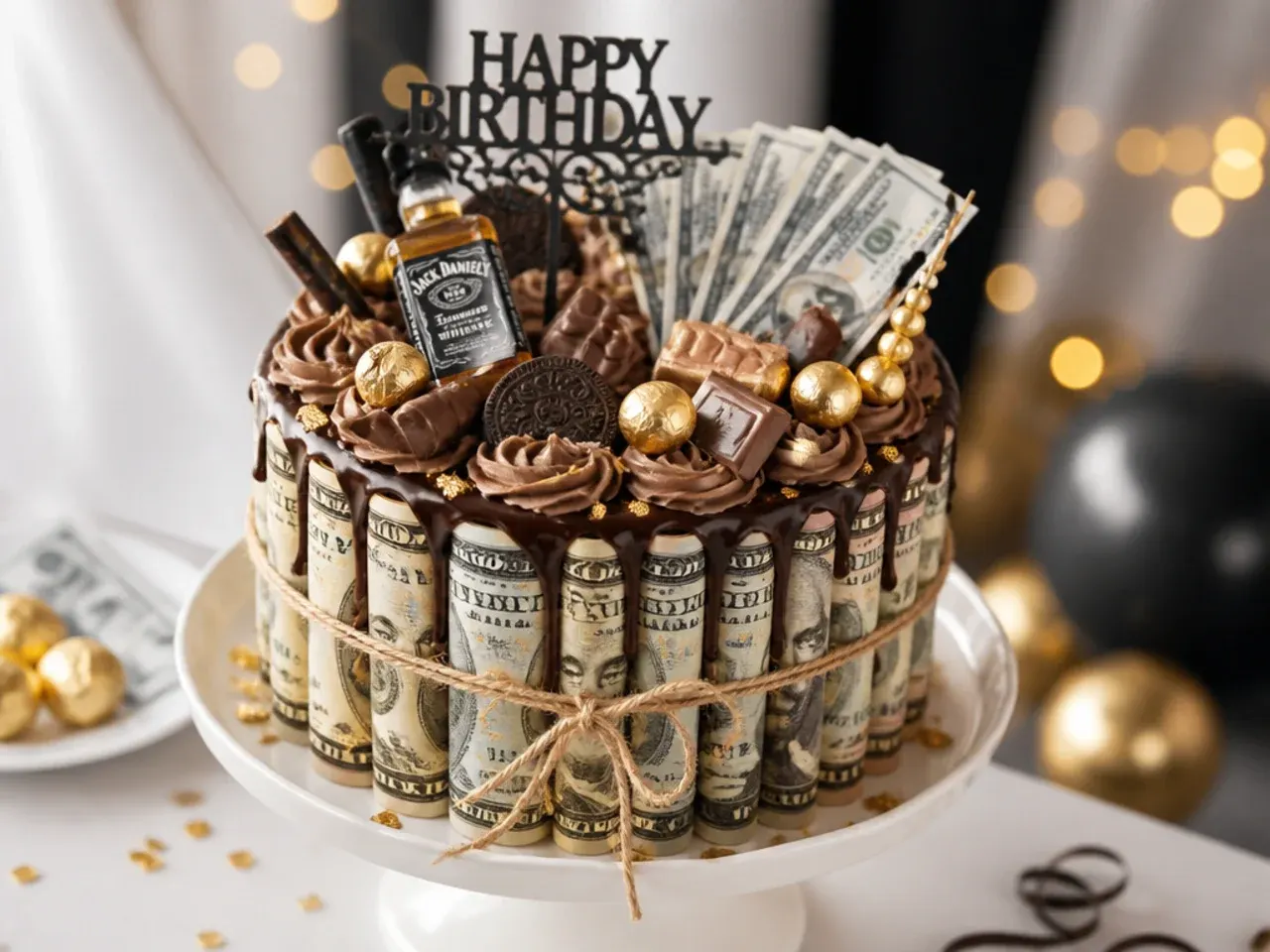 Cross-section of a round cake showing a hollow centre filled with rolled banknotes