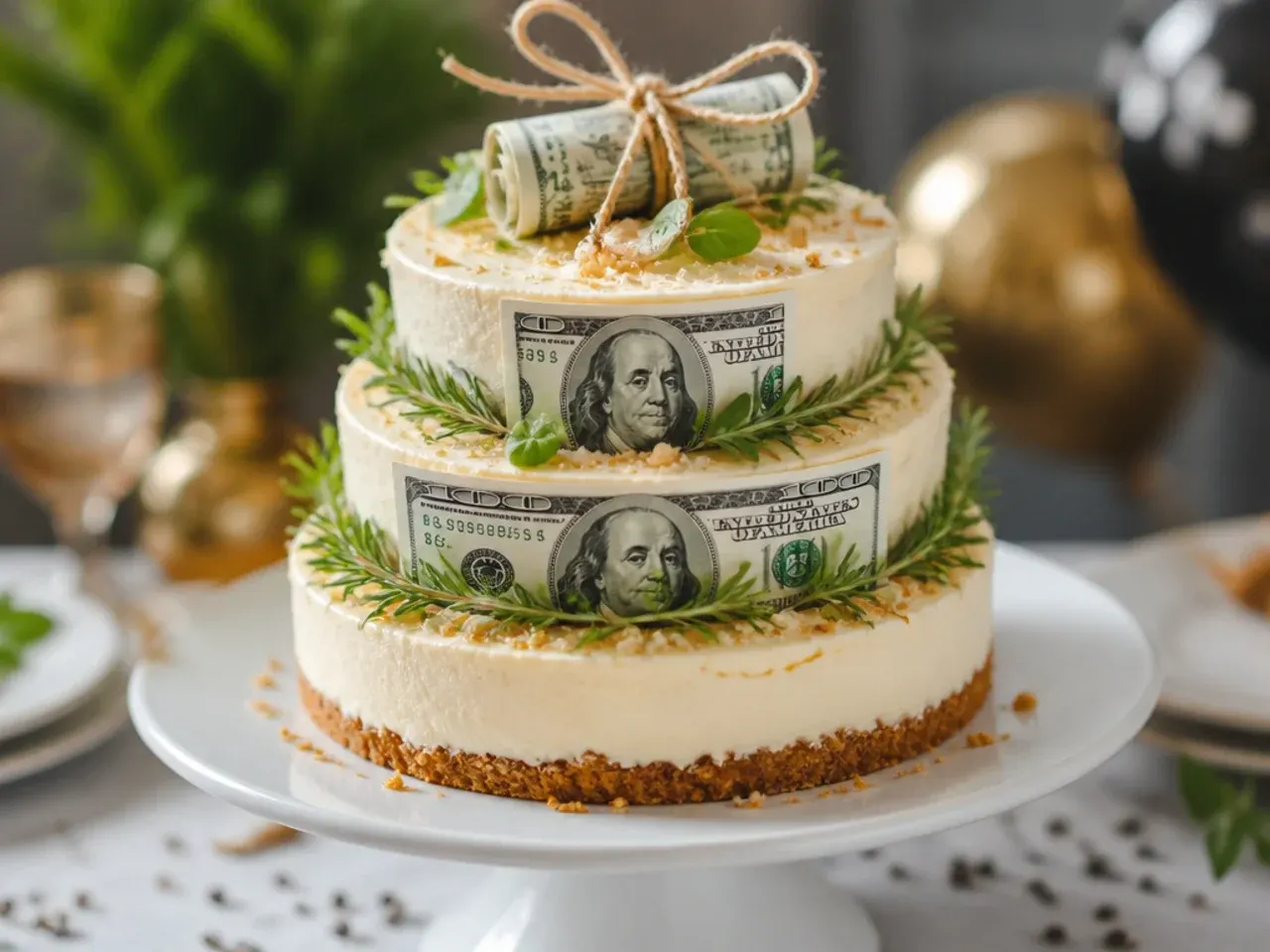 Tall no-bake cheesecake wrapped in a spiral of folded banknotes