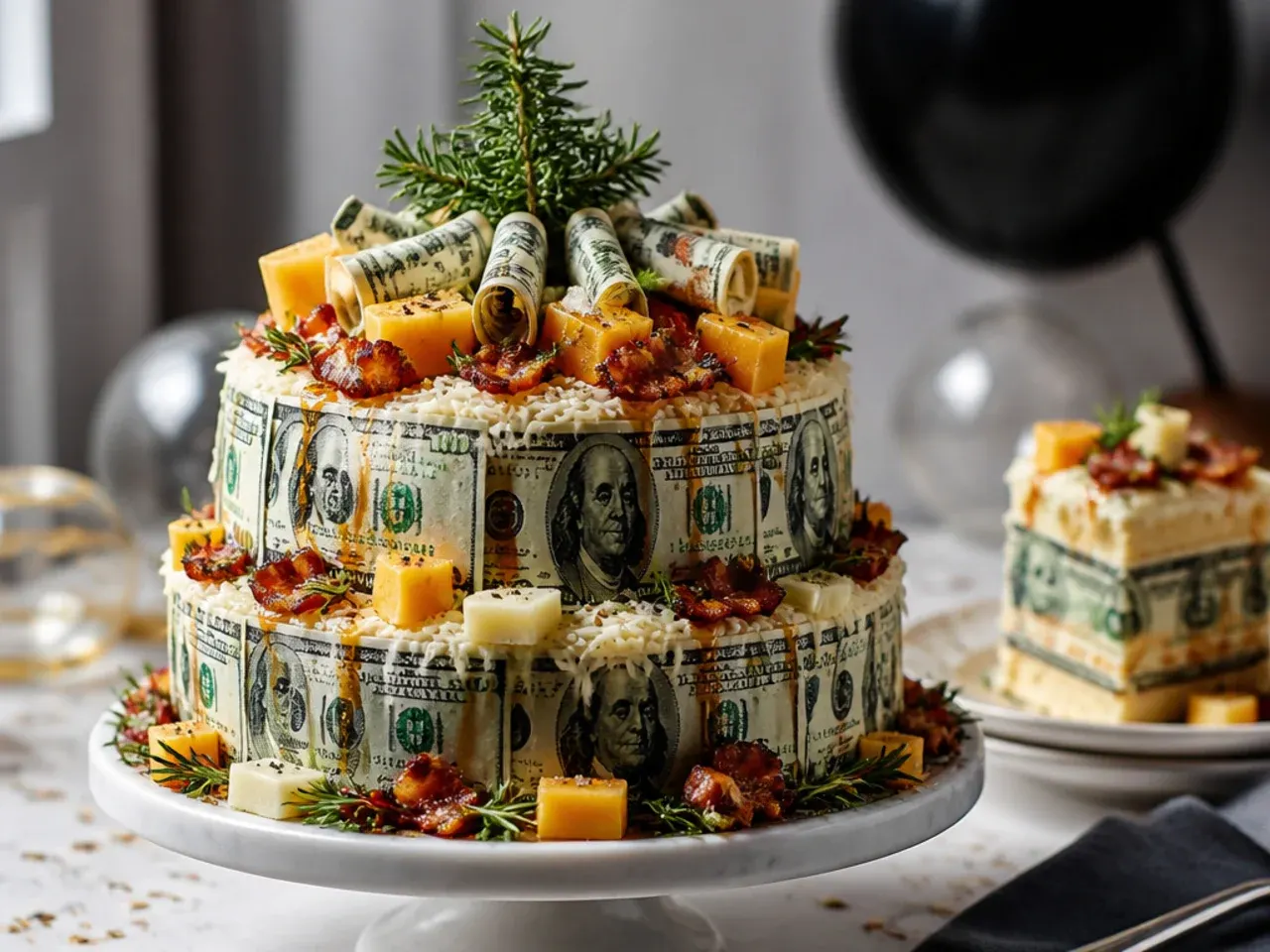 Cake decorated as a tree with banknotes clipped to skewers like leaves