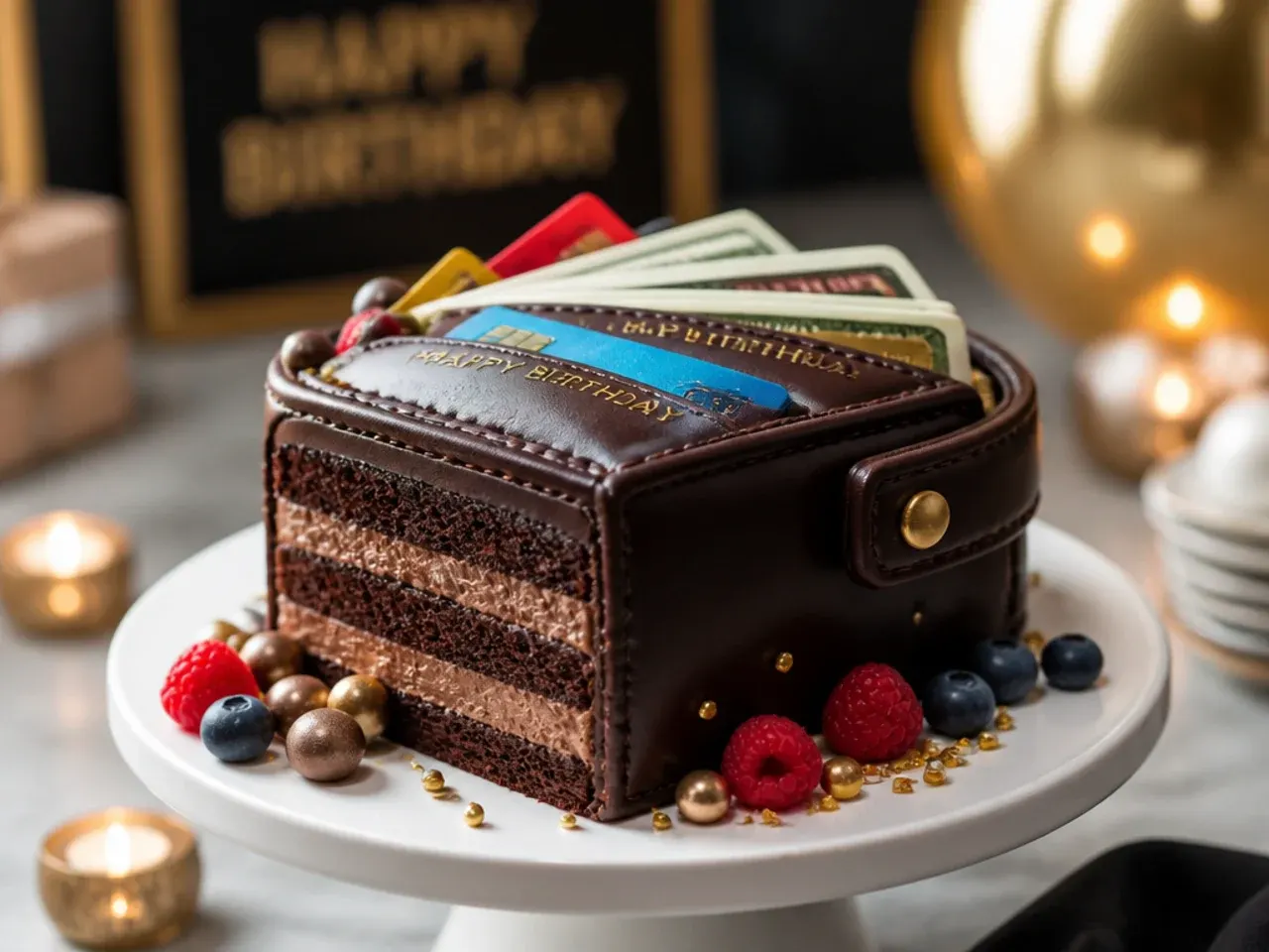 Cake carved and covered in brown fondant to resemble a leather wallet with banknotes tucked inside