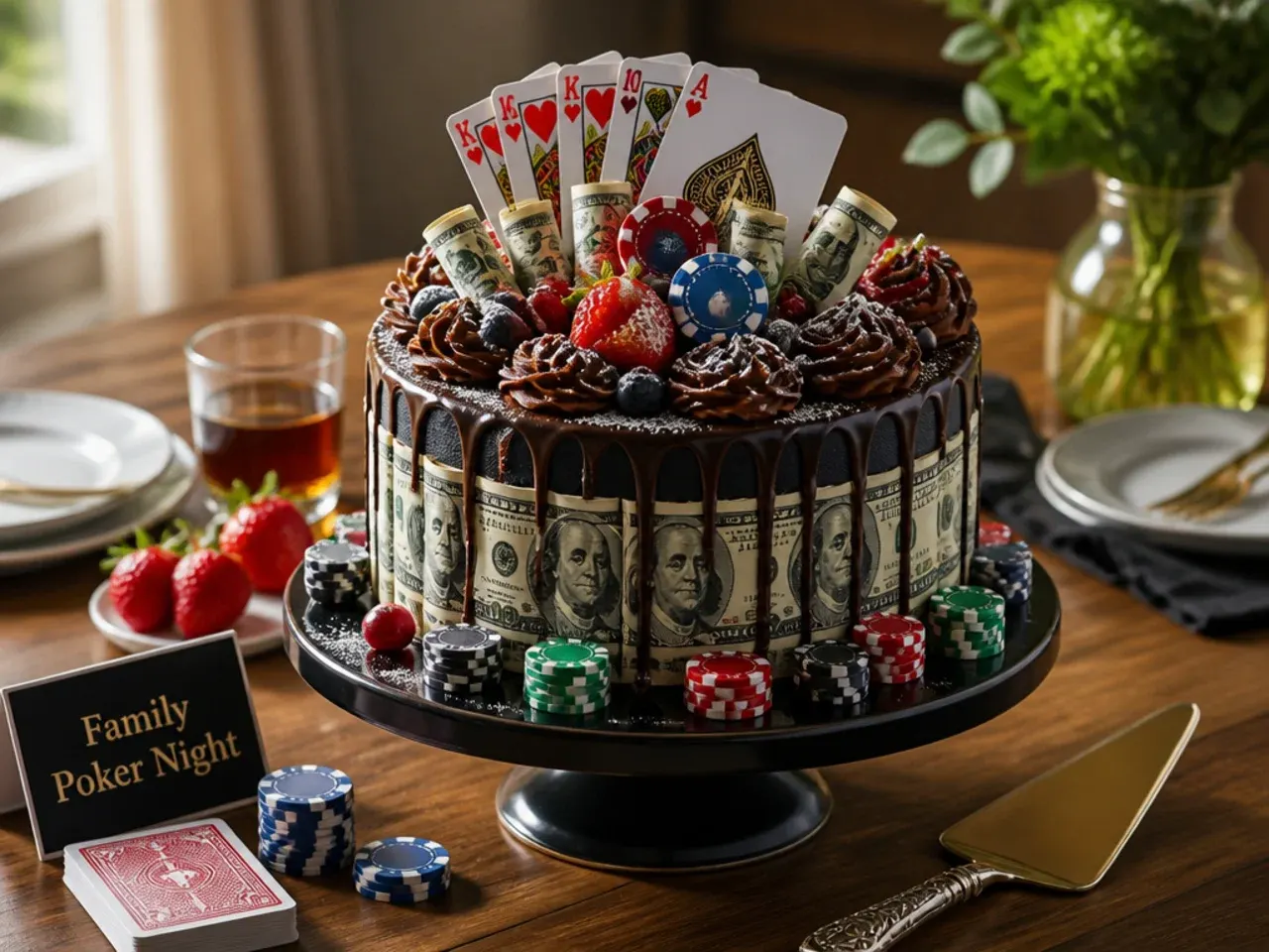 Cake decorated with edible playing cards, chocolate poker chips and folded banknotes