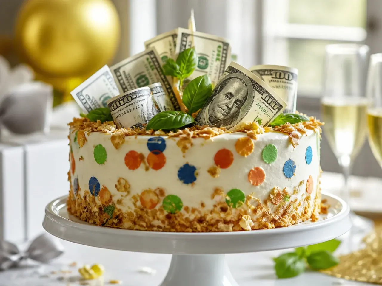 Cake topped with a scattered mix of foil chocolate coins and standing rolled banknotes