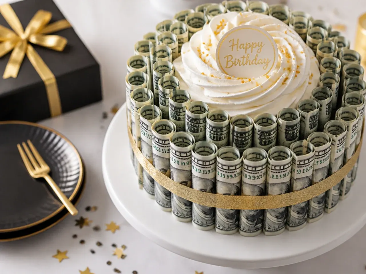 No-bake loaf-shaped cake topped with rolled banknotes