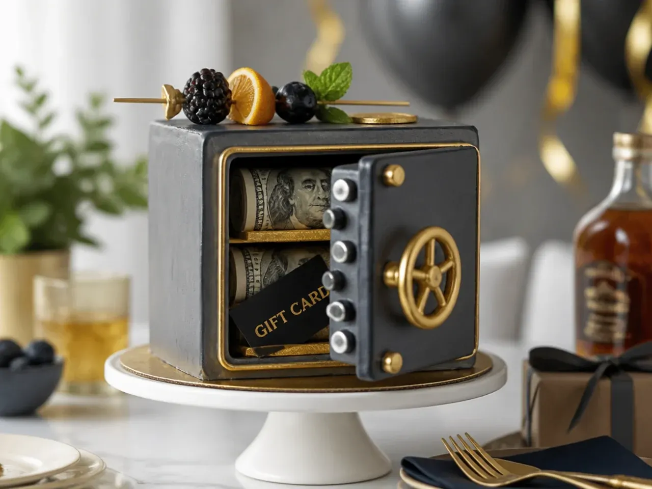 Cake decorated as a grey vault door with a combination dial and tucked-in gift cards