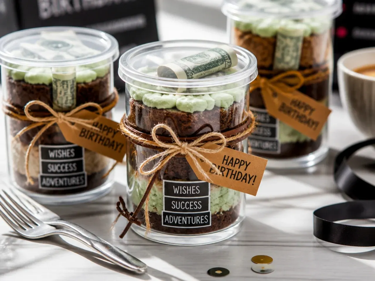 Leftover cake slices stored in an airtight container with banknotes set aside separately