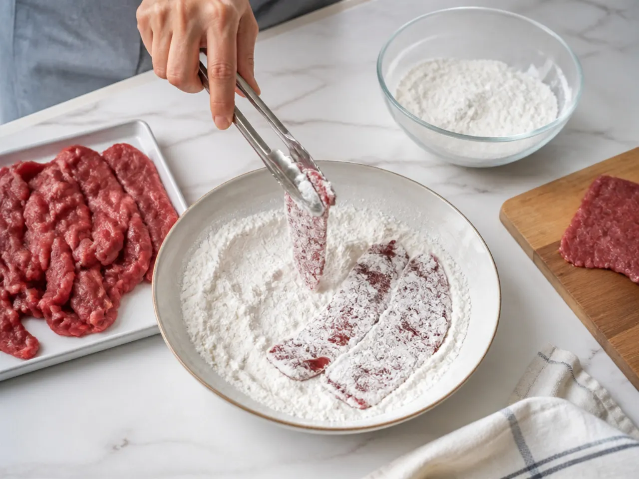 mongolian beef and noodles — step 1: slice and dredge the beef