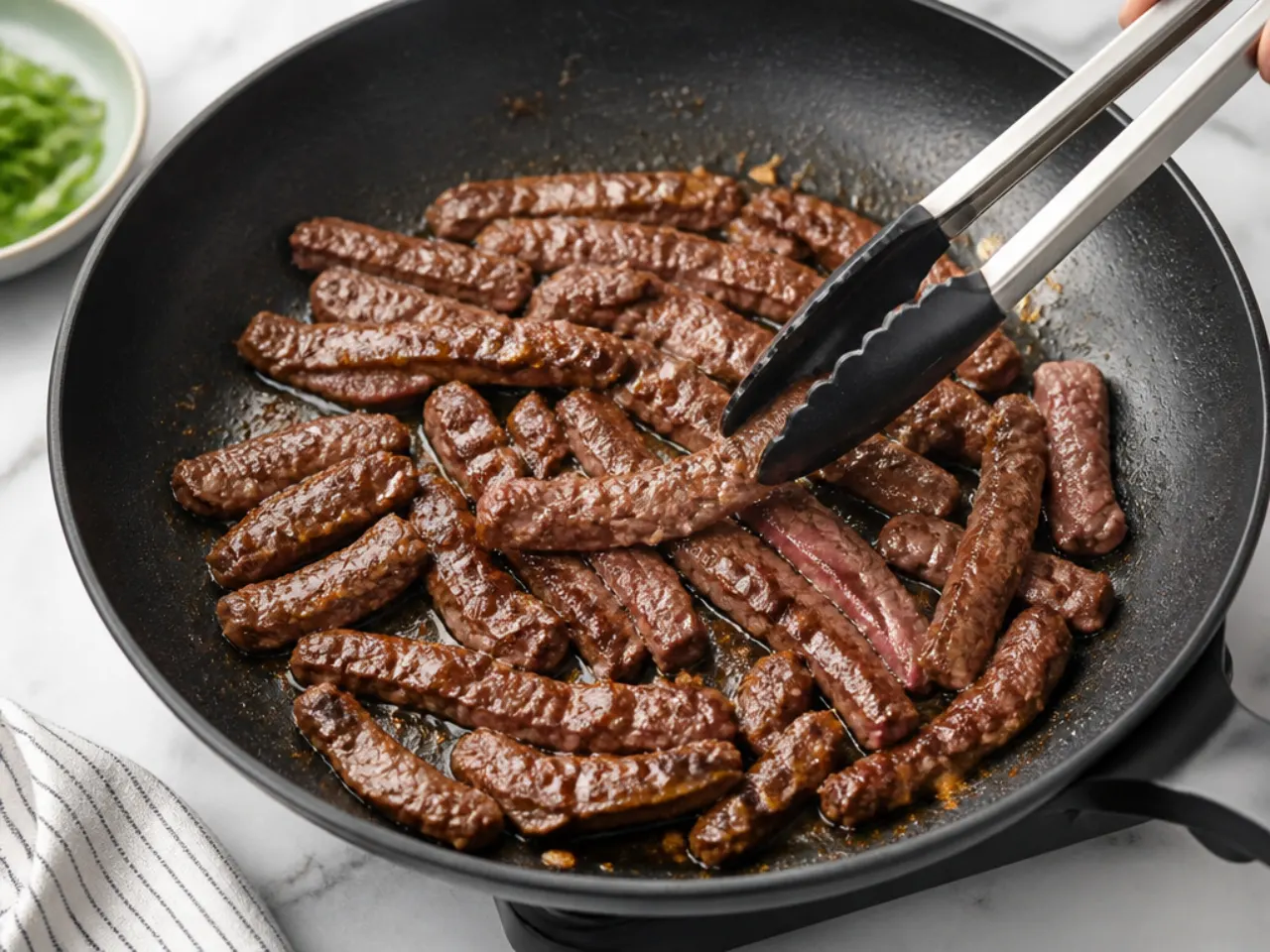 mongolian beef and noodles — step 3: sear the beef