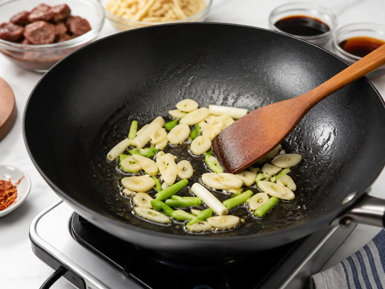 mongolian beef and noodles — step 4: build the aromatics