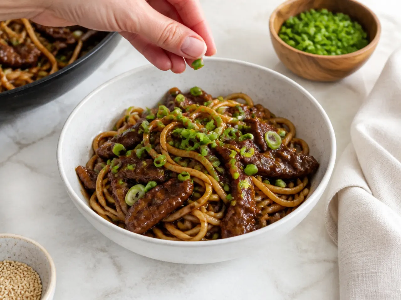 mongolian beef and noodles — step 7: garnish and serve