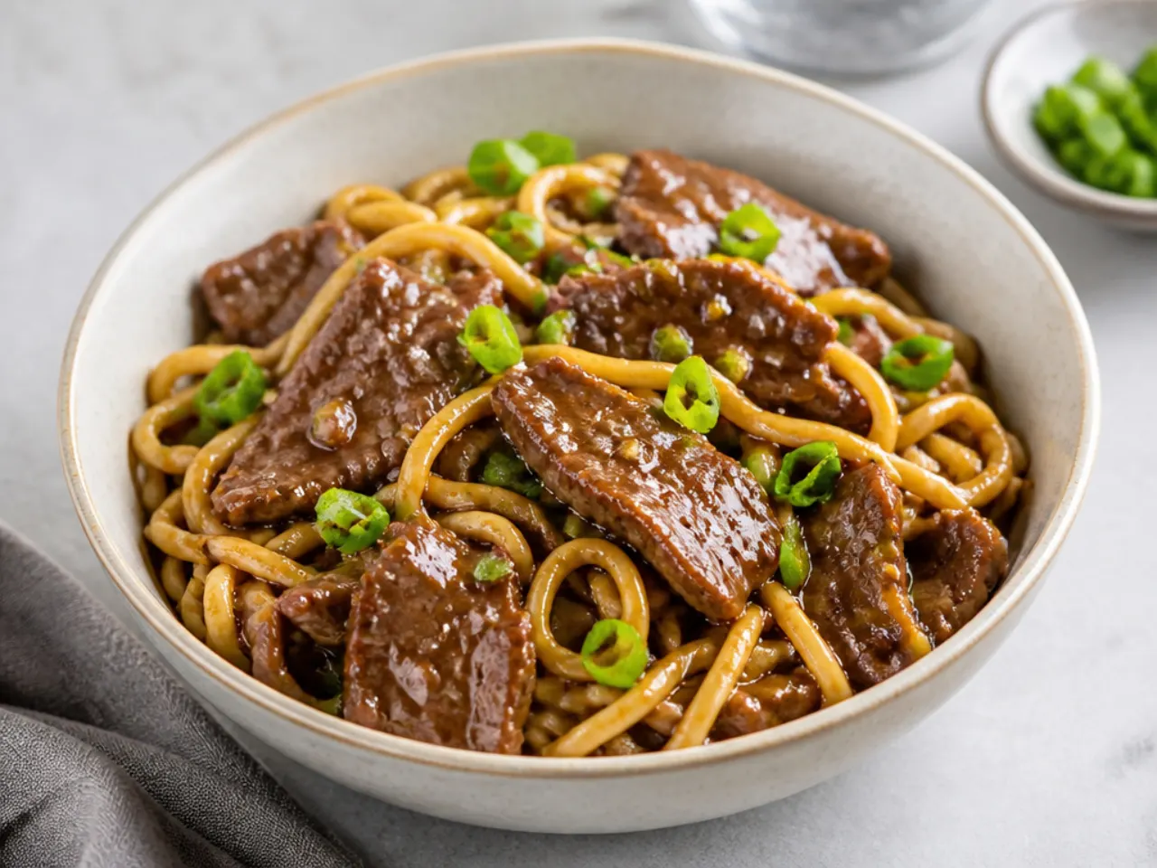 Bowl of Mongolian beef and noodles tossed in glossy sweet-savory sauce with green onions