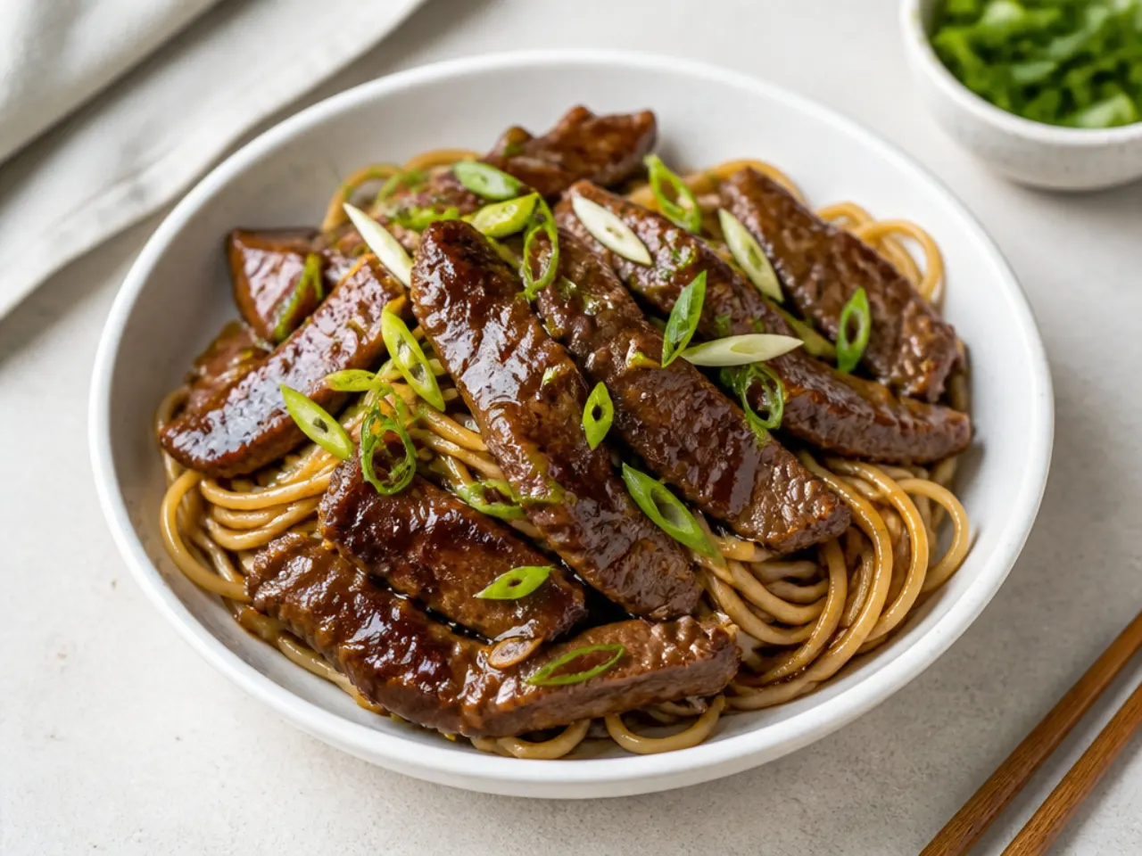 Classic flank steak Mongolian beef and noodles with cornstarch-seared beef and scallions