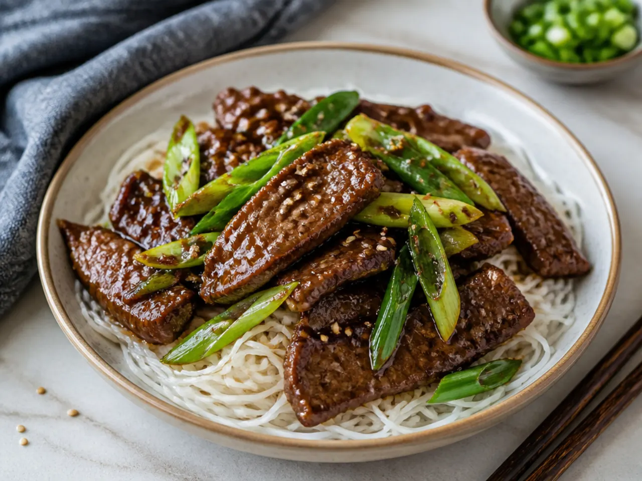 Elegant sliced sirloin Mongolian beef plated over rice noodles for guests