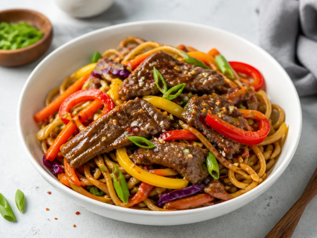 Playful rainbow vegetable Mongolian beef noodles with carrots and bell peppers