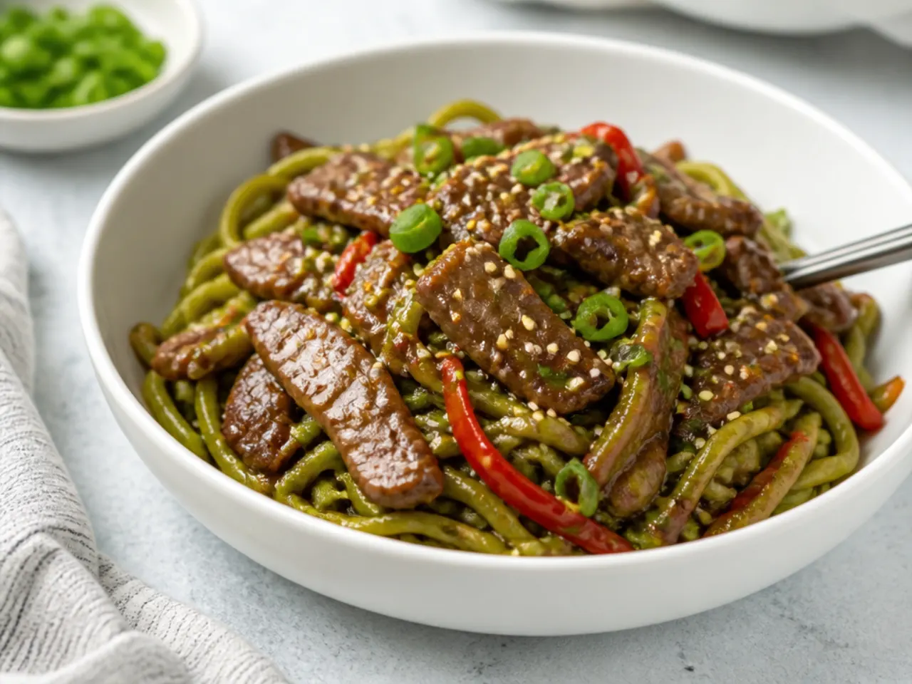 Modern high-protein Mongolian beef and noodles made with edamame spaghetti