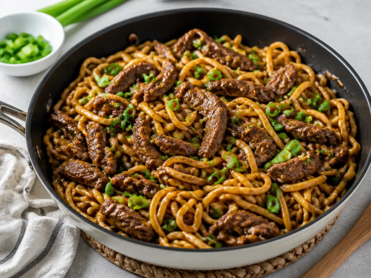 Rustic one-pan Mongolian beef noodles simmered together in a single skillet