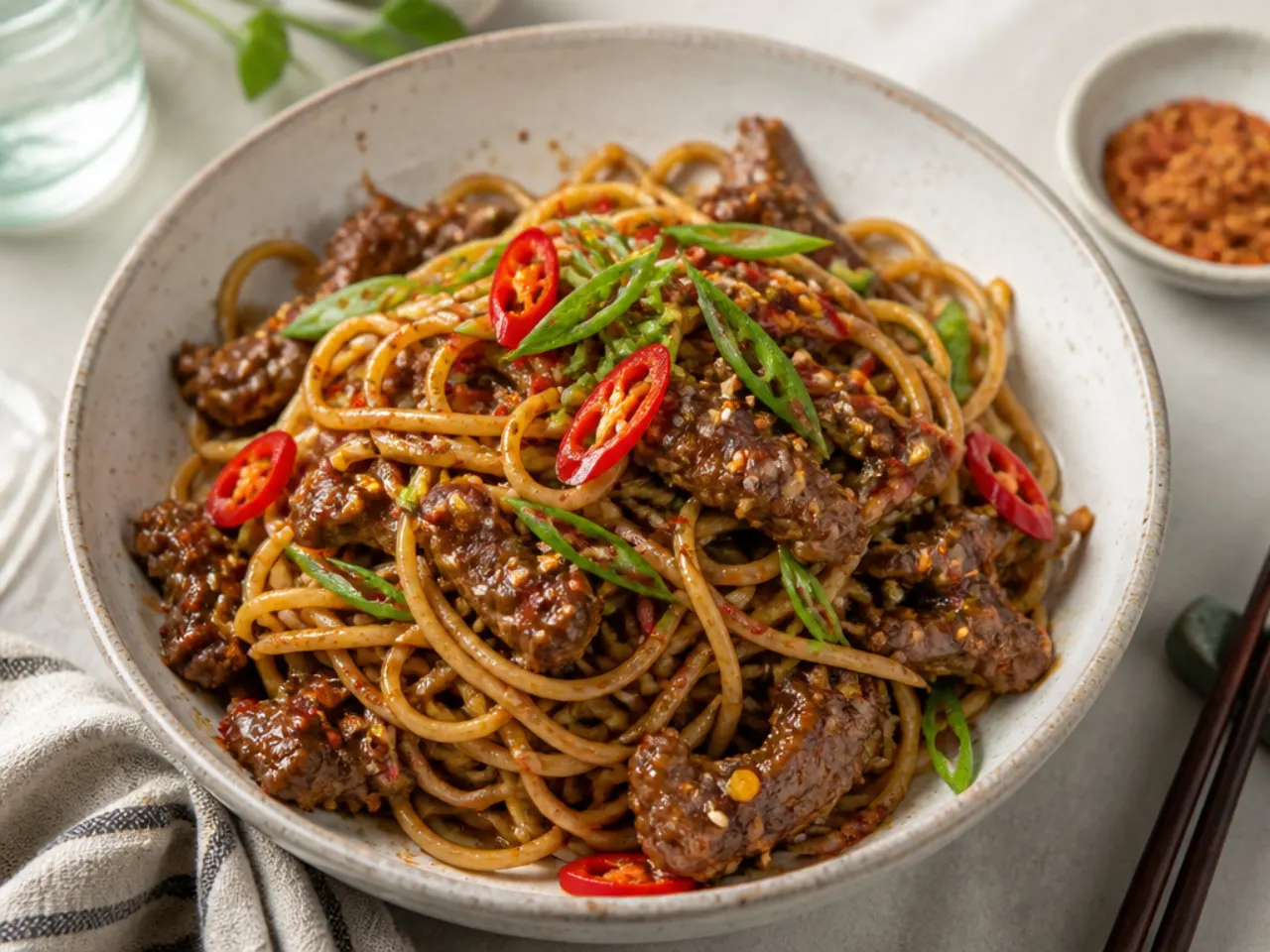 Colorful sesame and chili crisp Mongolian beef noodles topped with red chili