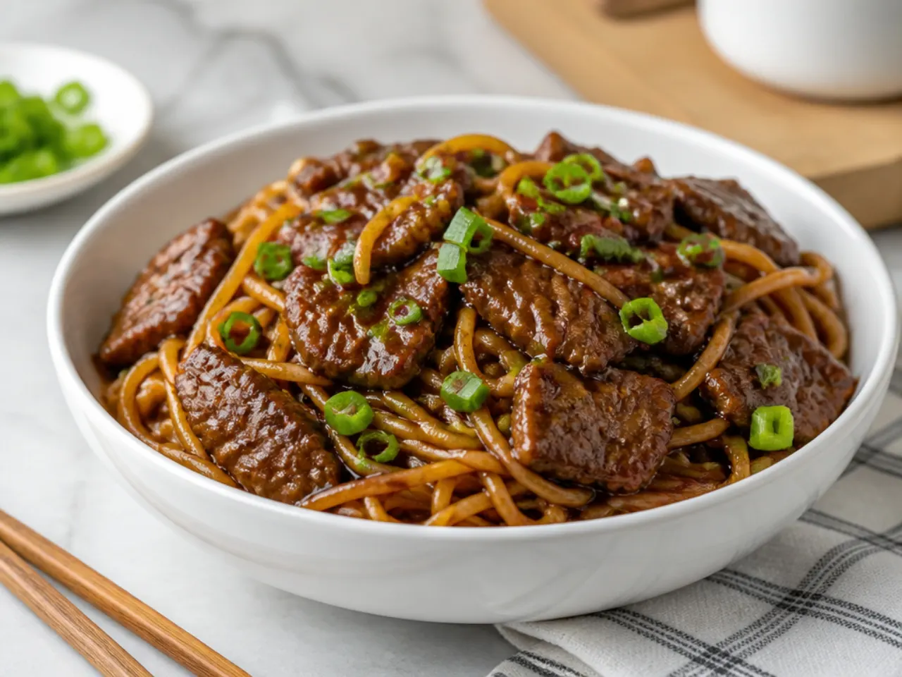 Minimal five-ingredient Mongolian beef noodles with a simple soy and brown sugar sauce