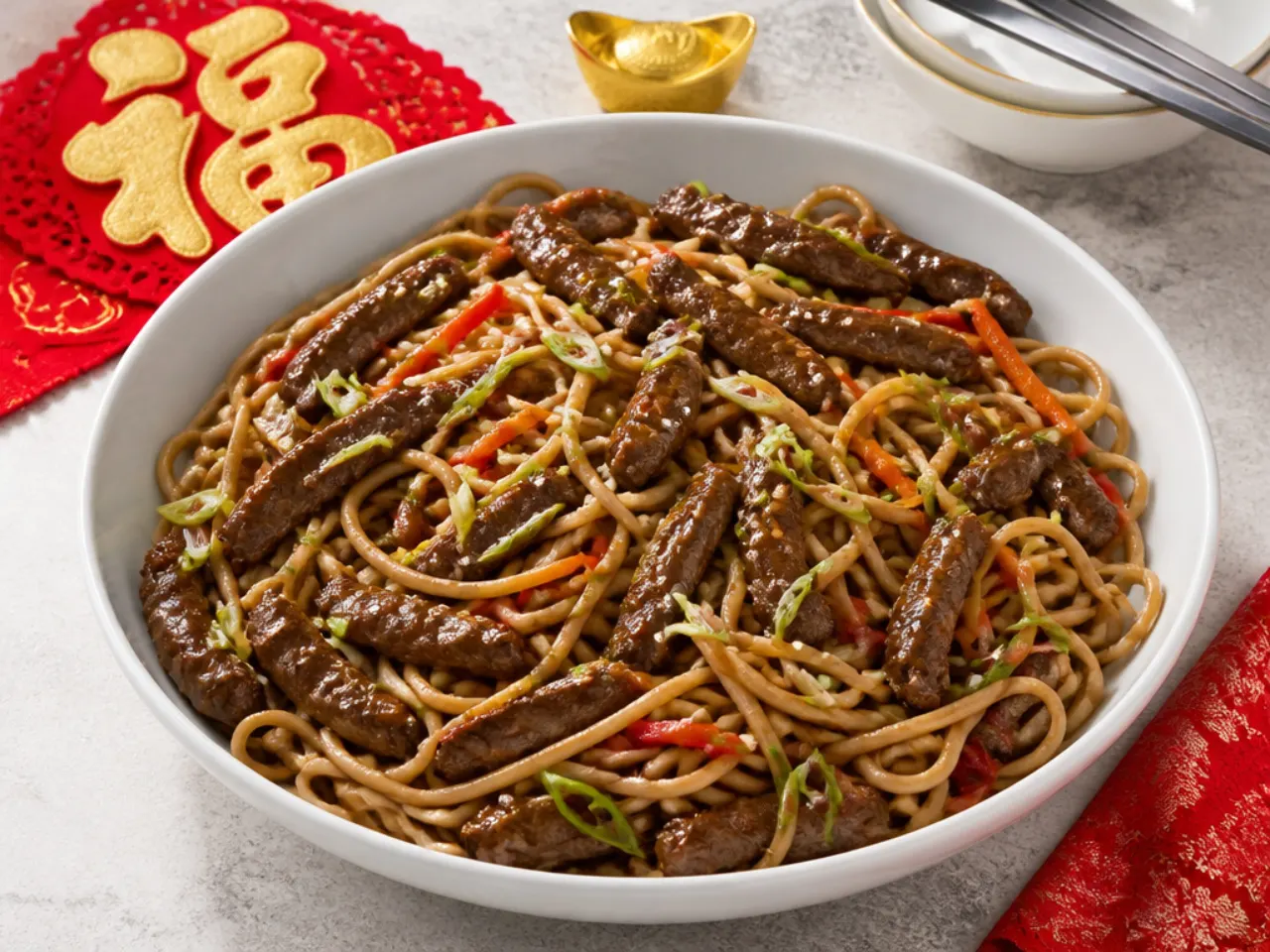 Festive Lunar New Year Mongolian beef longevity noodles served family-style