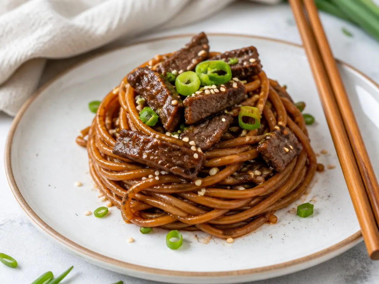 Whimsical Mongolian beef noodle nests twirled into individual coils