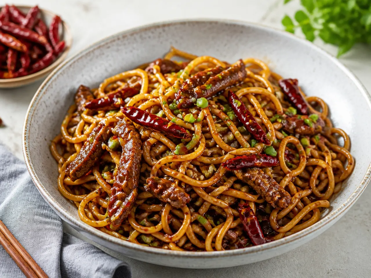 Bold extra-spicy Szechuan Mongolian beef noodles with dried red chilies