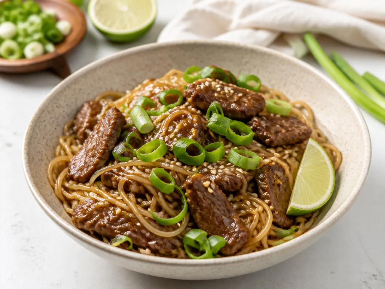 Delicate ginger-scallion Mongolian beef noodles with thin rice vermicelli and lime