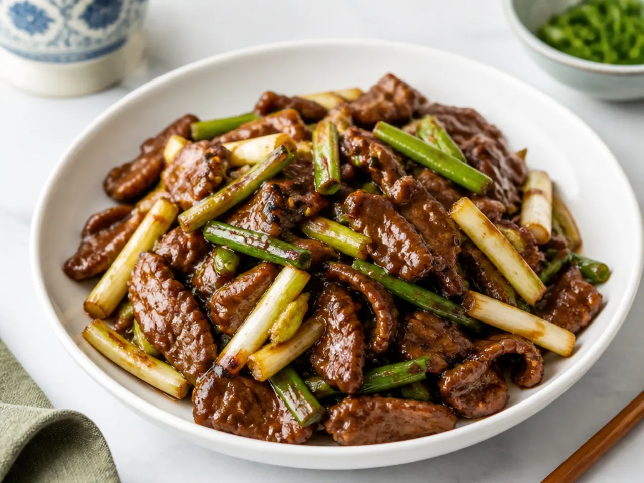 Vintage Chinese-American takeout-style Mongolian beef with crispy beef and scallion batons