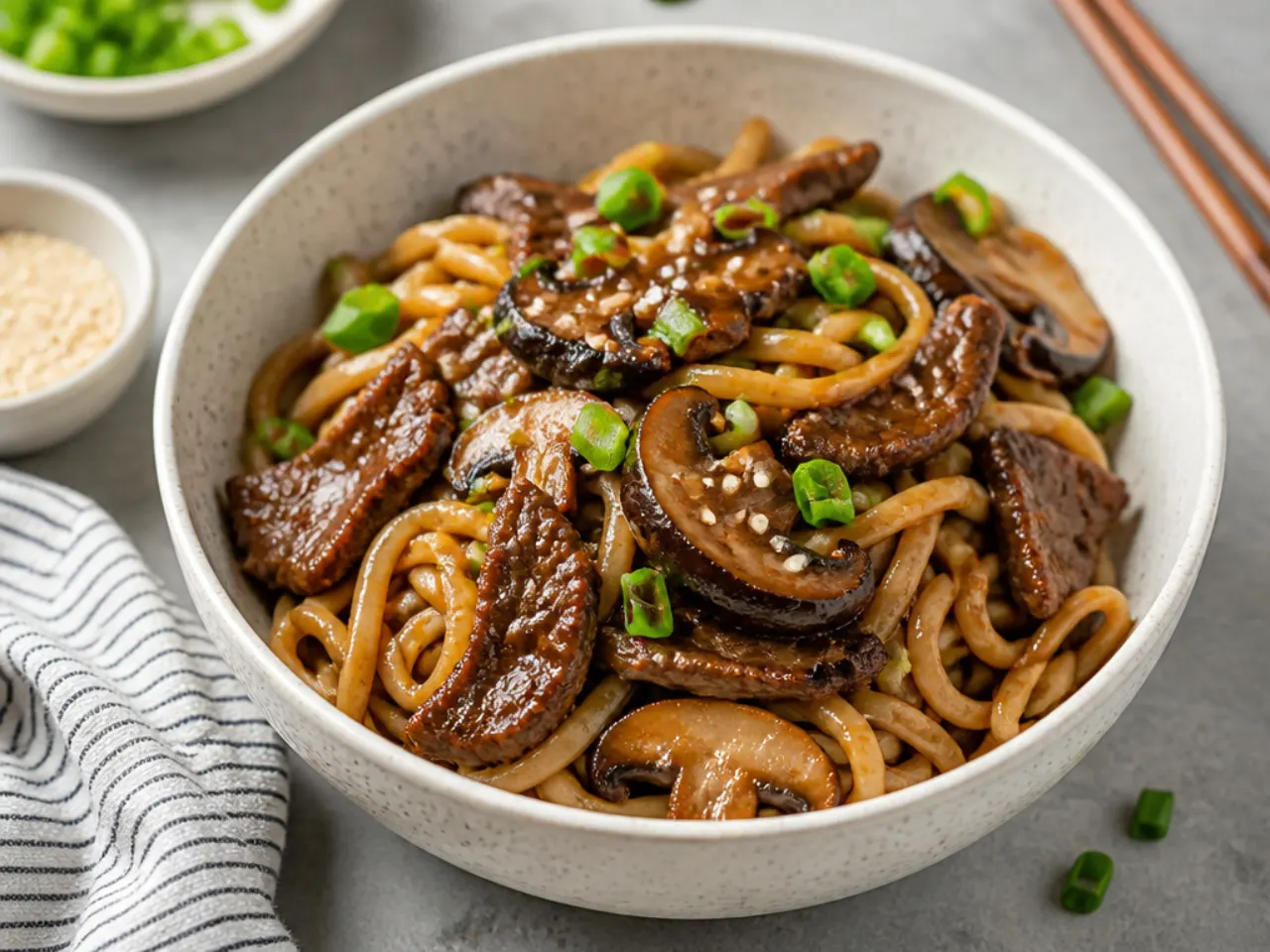 Creative Mongolian beef noodle stir-fry with seared shiitake mushrooms