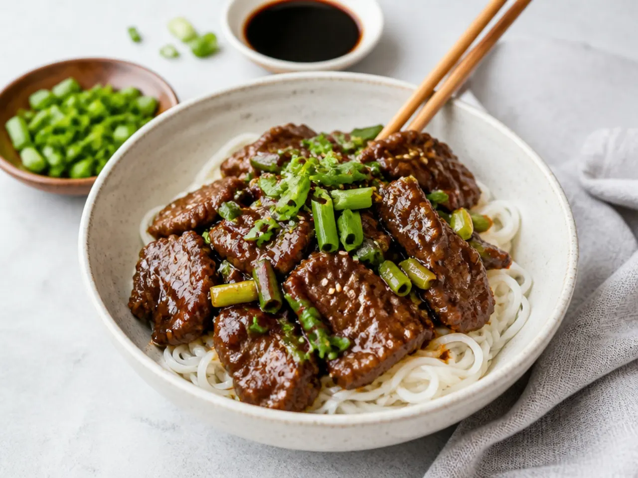 Charming gluten-free Mongolian beef with rice noodles and tamari sauce