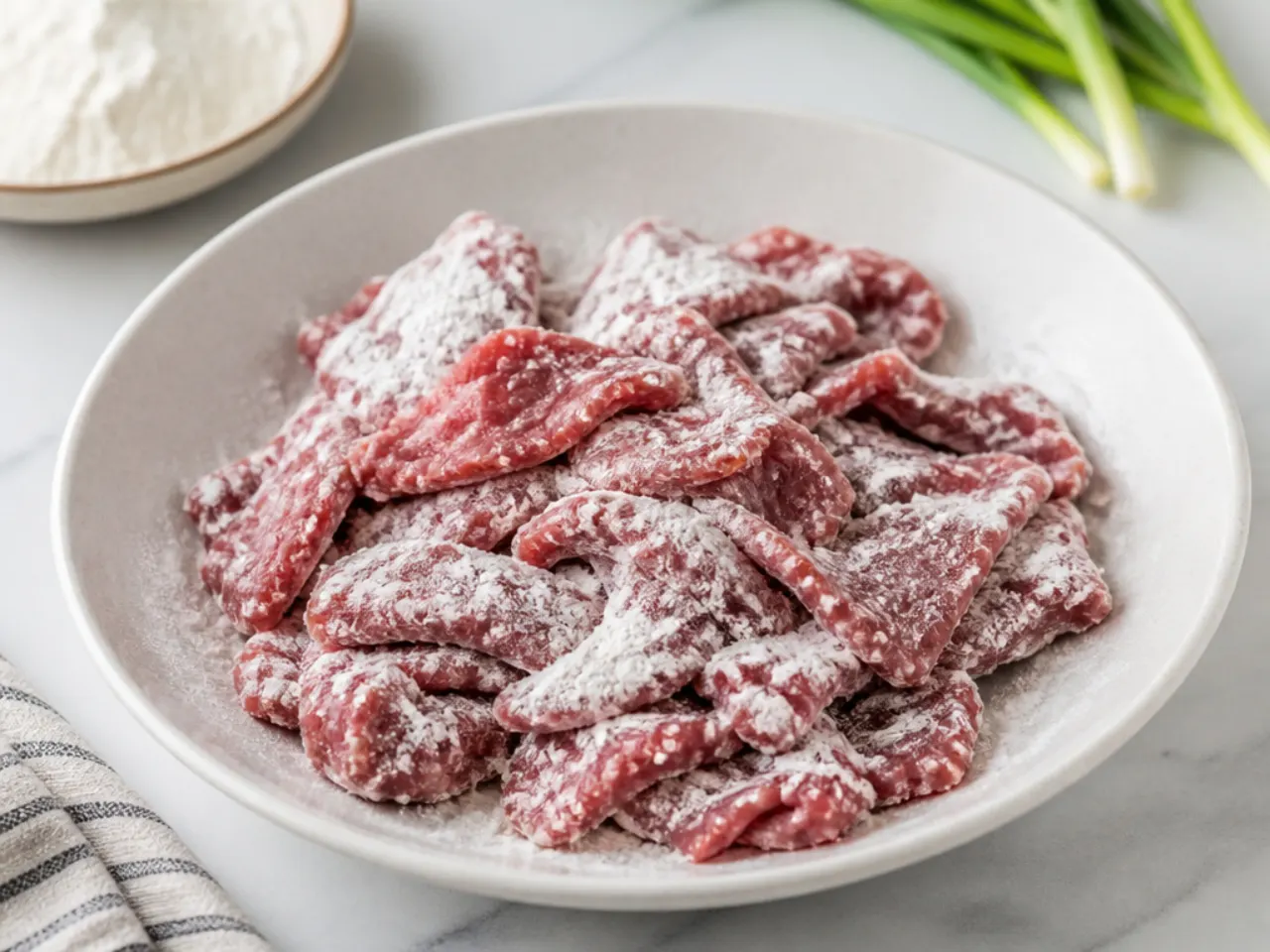 Pro tips shot of Mongolian beef slices dredged in cornstarch before searing