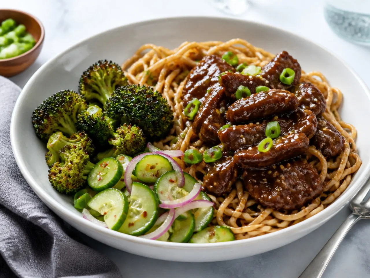 Mongolian beef and noodles served with roasted broccoli and cucumber salad sides