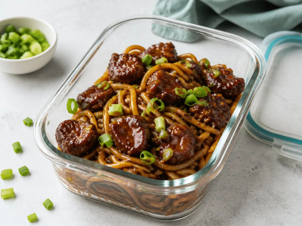 Mongolian beef and noodles leftovers stored in an airtight container for reheating