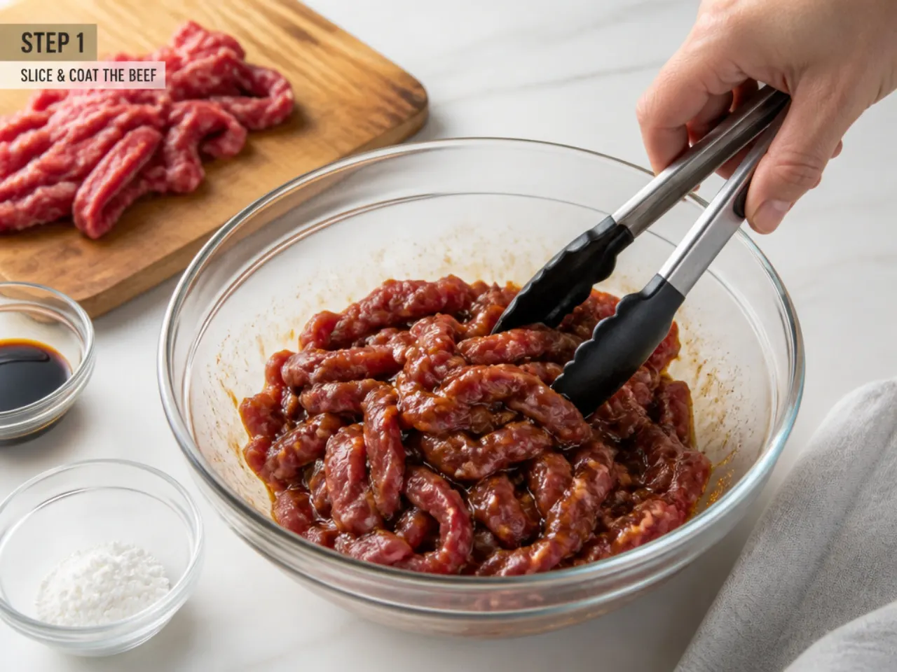 mongolian beef bowl — step 1: slice and coat the beef