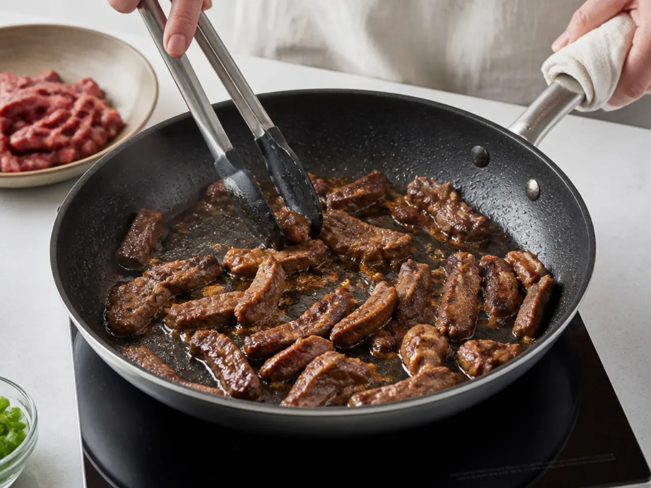 mongolian beef bowl — step 3: sear the beef in batches