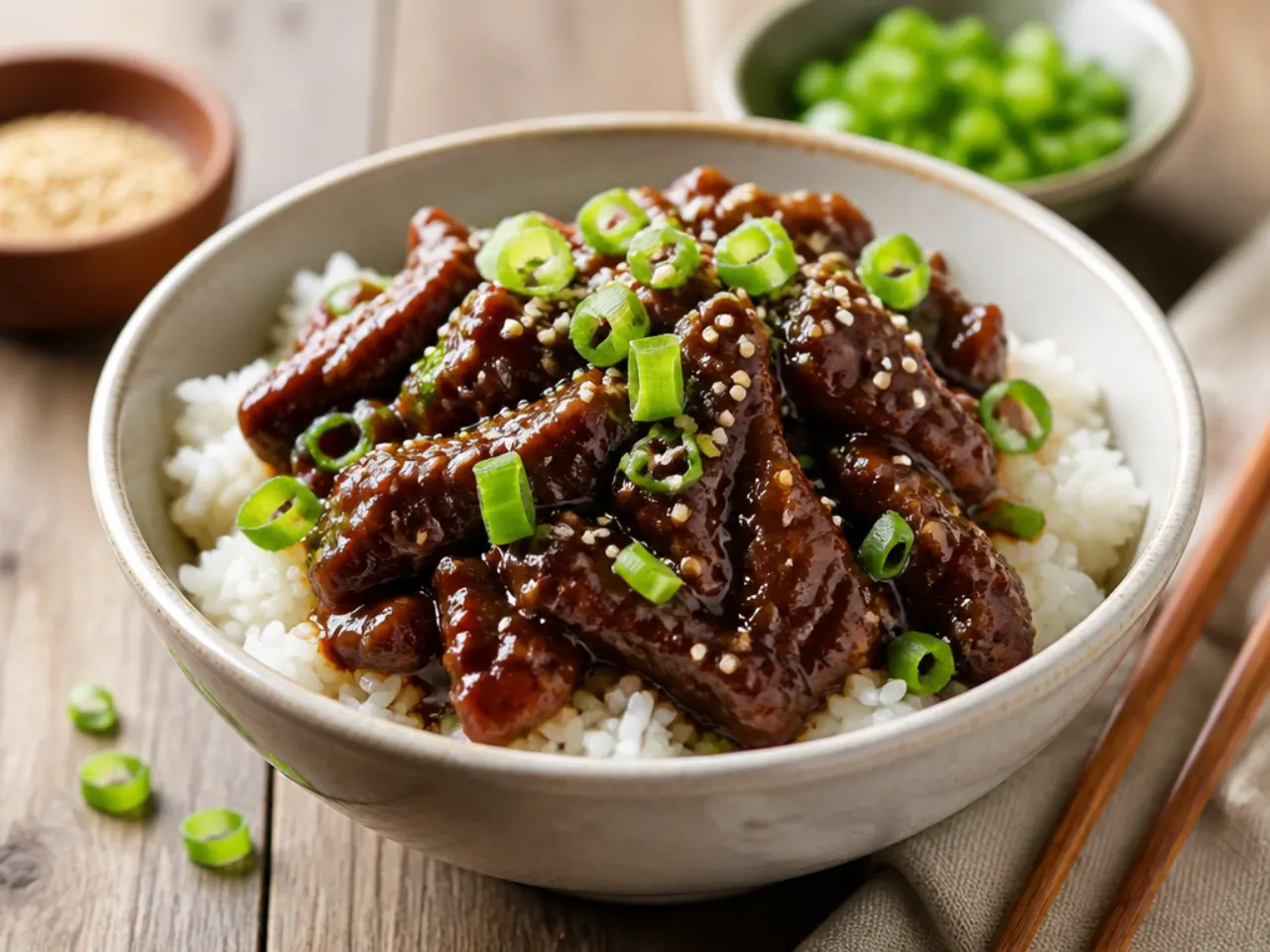 Sticky Mongolian beef bowl with rice, spring onions and sesame seeds on a wooden table