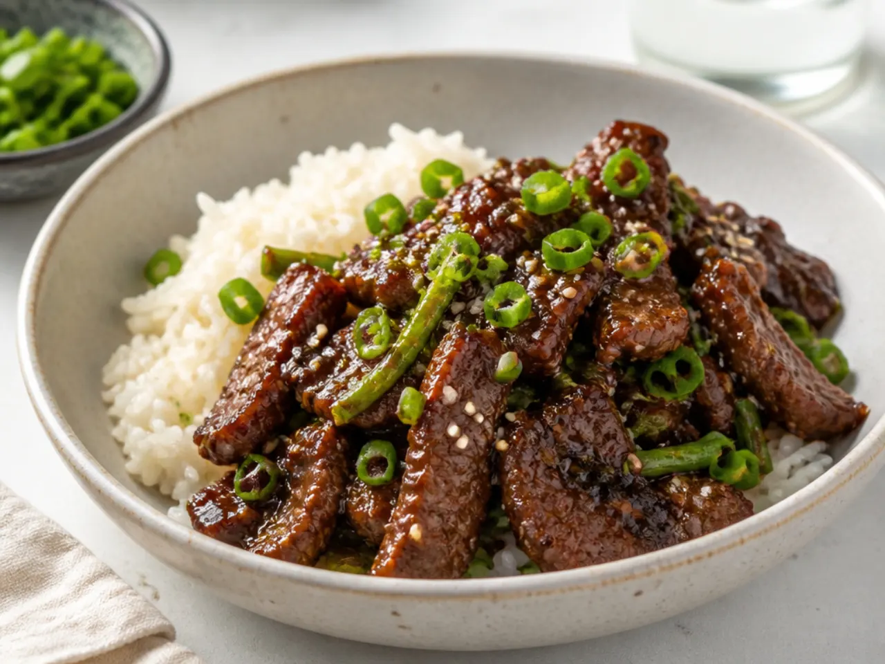 Classic Mongolian beef rice bowl with crispy flank steak and spring onions