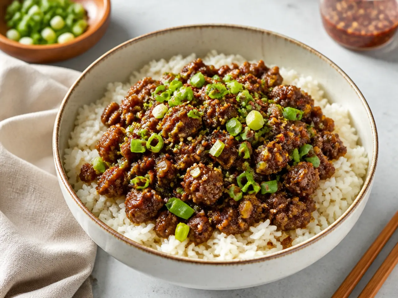 Easy Mongolian ground beef bowl over white rice for a quick weeknight dinner