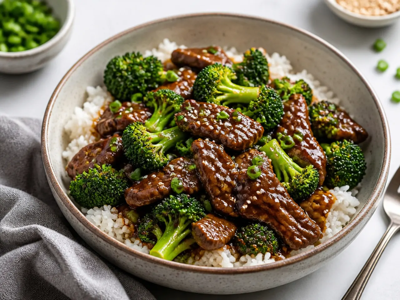 Mongolian beef and broccoli bowl with glossy soy garlic sauce over jasmine rice