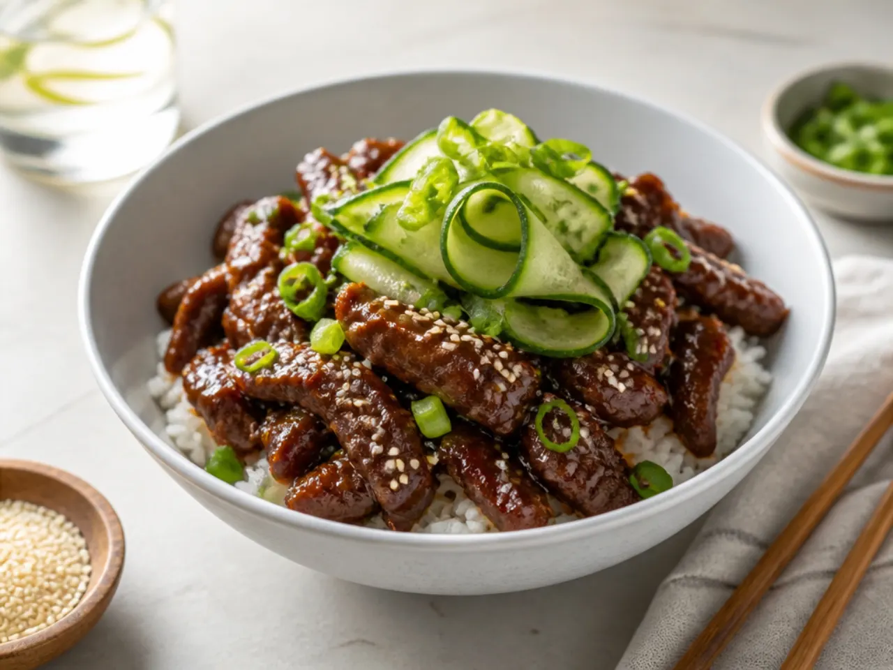 Spicy gochujang Mongolian beef bowl topped with cucumber ribbons and sesame seeds