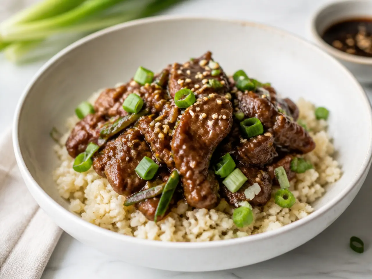 Low-carb Mongolian beef bowl served over sautéed cauliflower rice