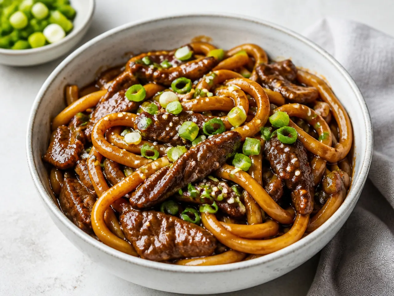 Mongolian beef noodle bowl with thick udon noodles coated in sticky soy sauce