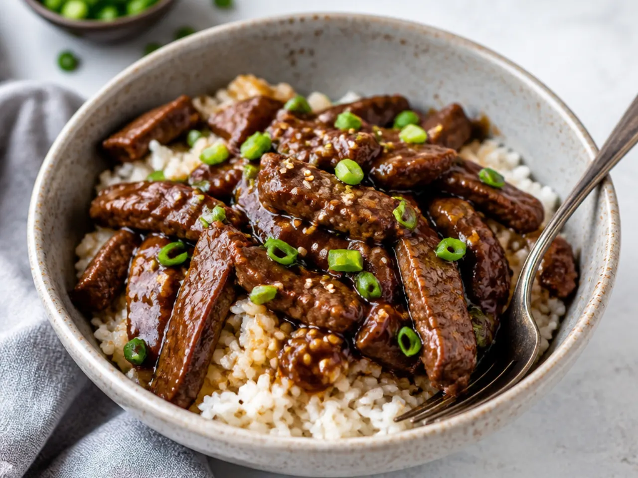 Slow cooker Mongolian beef bowl with fork-tender beef strips over steamed rice