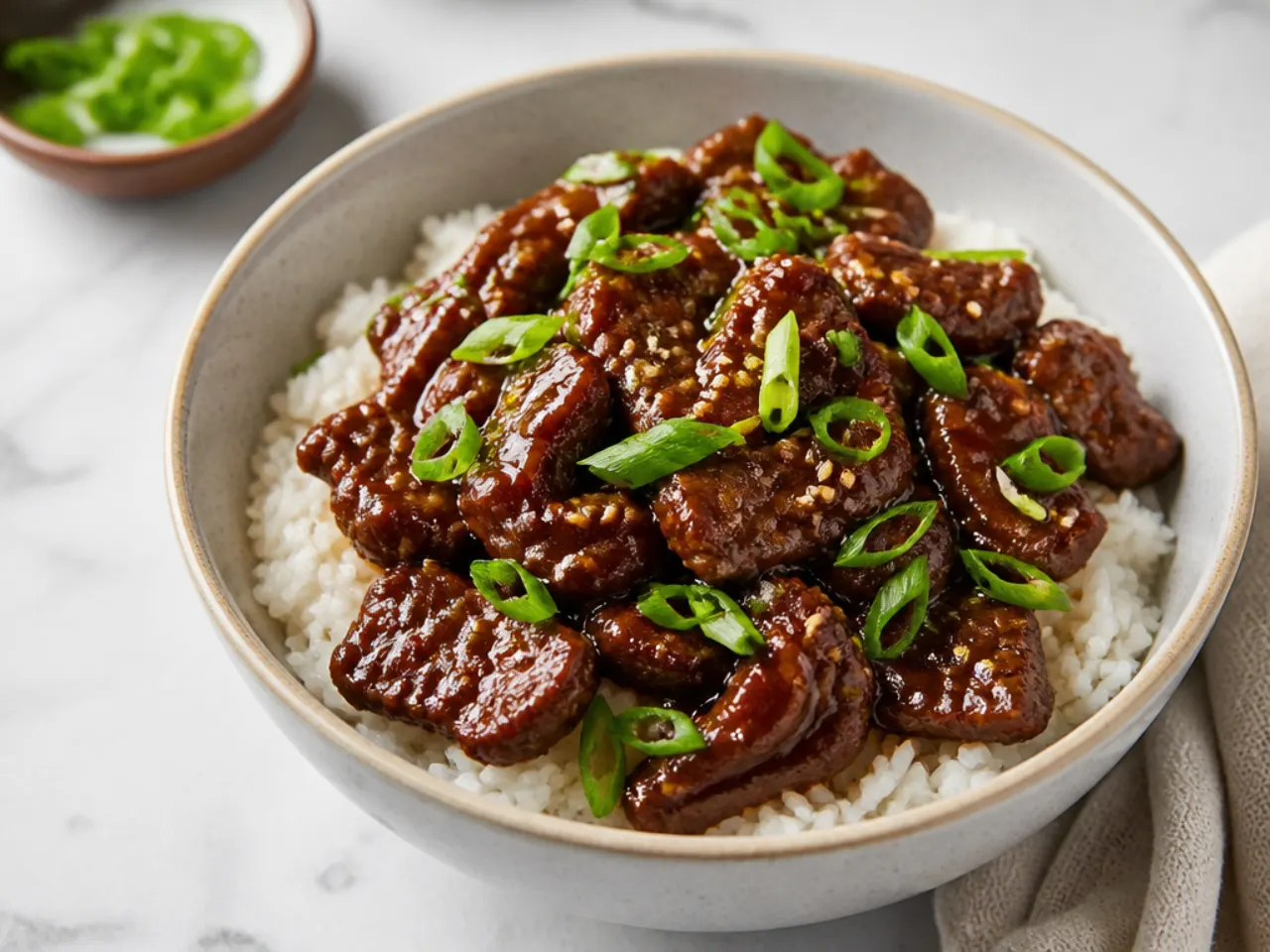 Air fryer Mongolian beef bowl with extra-crispy beef strips and green onions