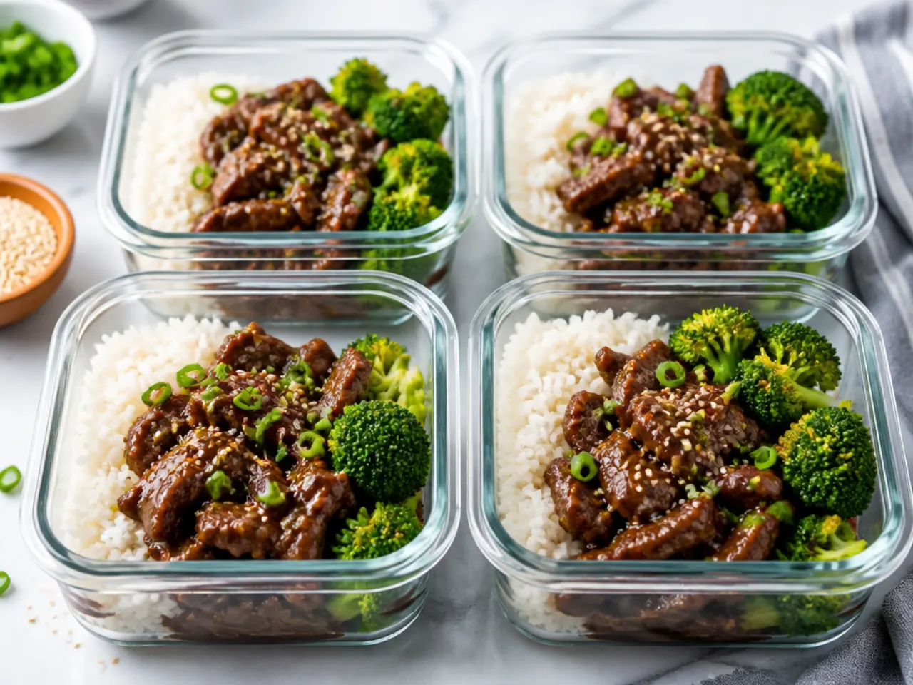 Four Mongolian beef meal prep bowls with rice and broccoli in glass containers