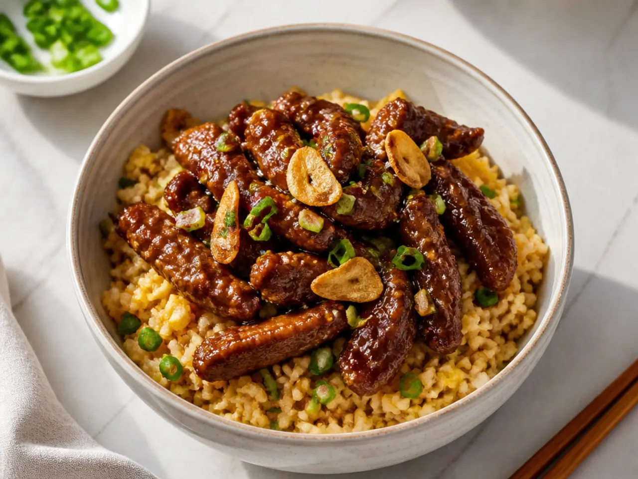 Mongolian beef bowl served over golden garlic fried rice with crispy garlic chips