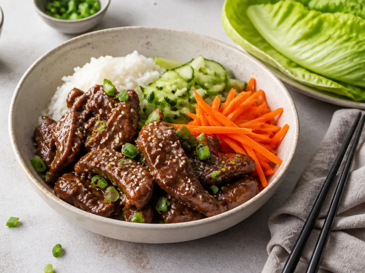 Deconstructed Mongolian beef bowl with lettuce cups for wrapping
