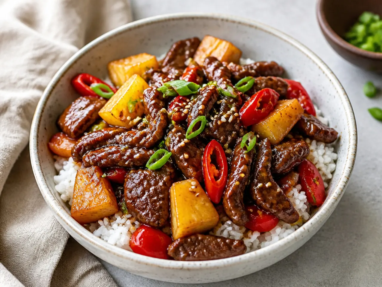 Colorful Mongolian beef bowl with caramelised pineapple chunks and red chilli