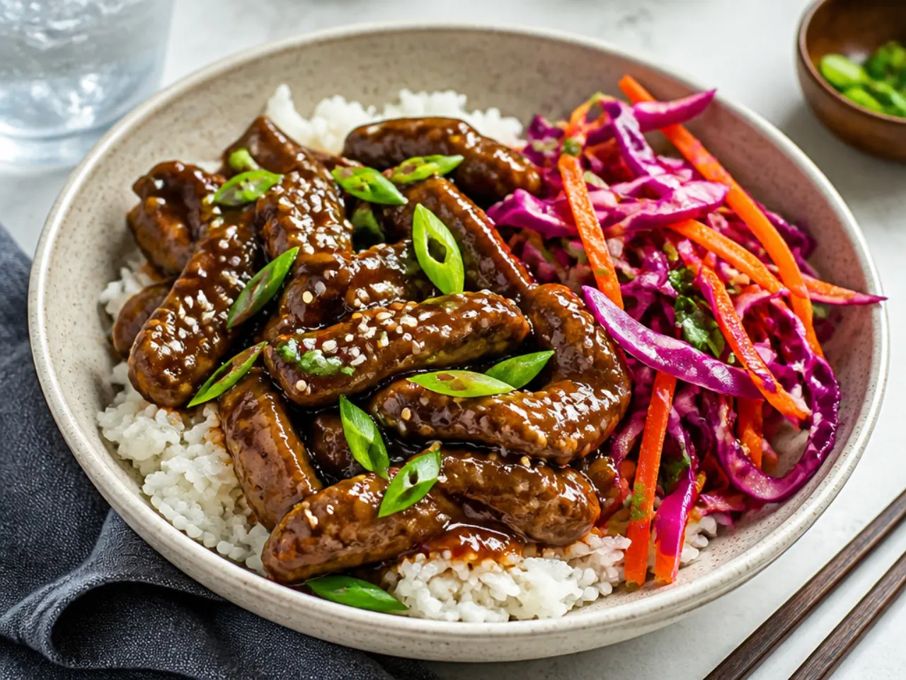 Mongolian beef rice bowl with crunchy red cabbage and carrot slaw