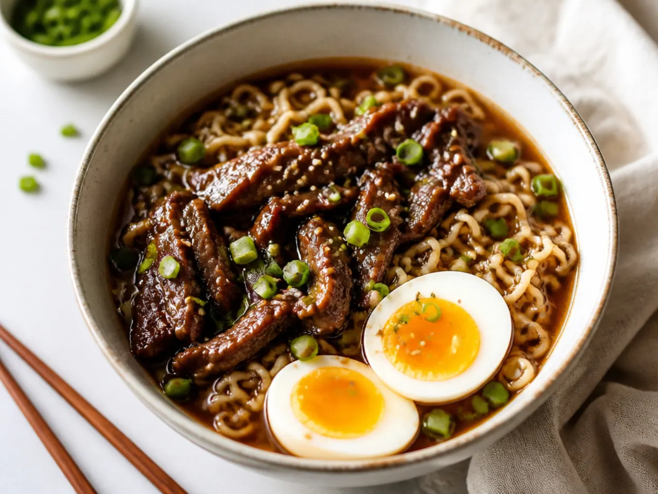 Mongolian beef ramen bowl with soft-boiled egg and savoury soy broth